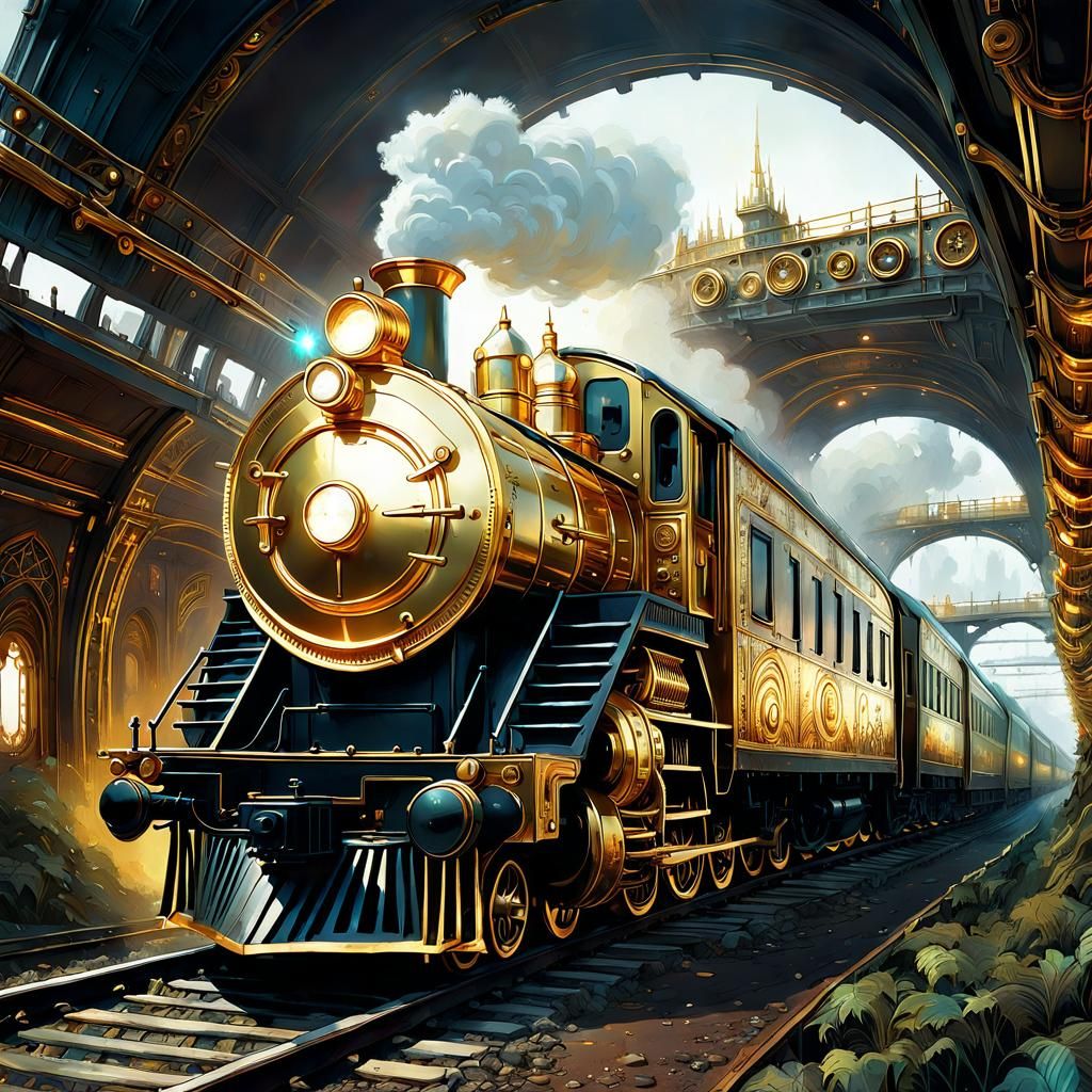 Luminescent Golden Train in Dark Fantasy Style