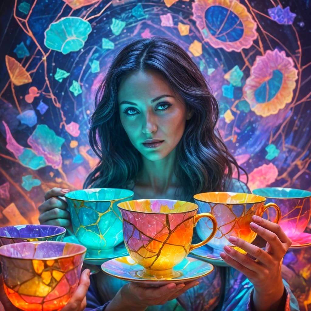 Ethereal Kintsugi Tea Cups in a Vibrant Prismatic Dreamscape