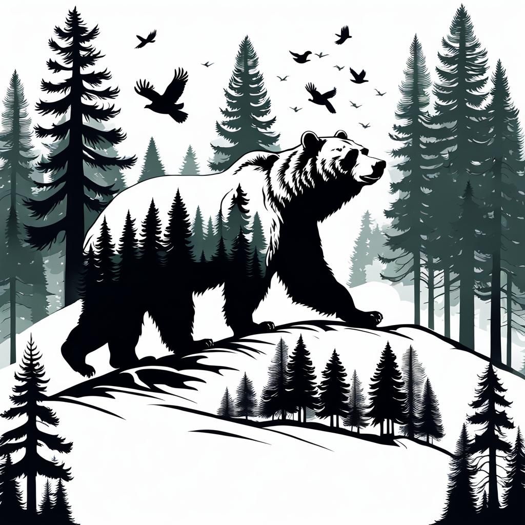 Bear Silhouette with Pine Trees Graphic