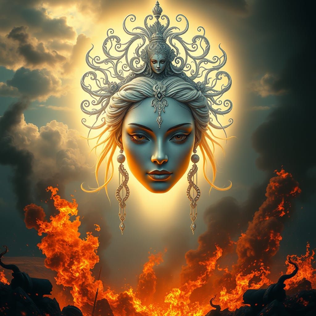 Ethereal Goddess of Fate Amidst Apocalyptic Sky