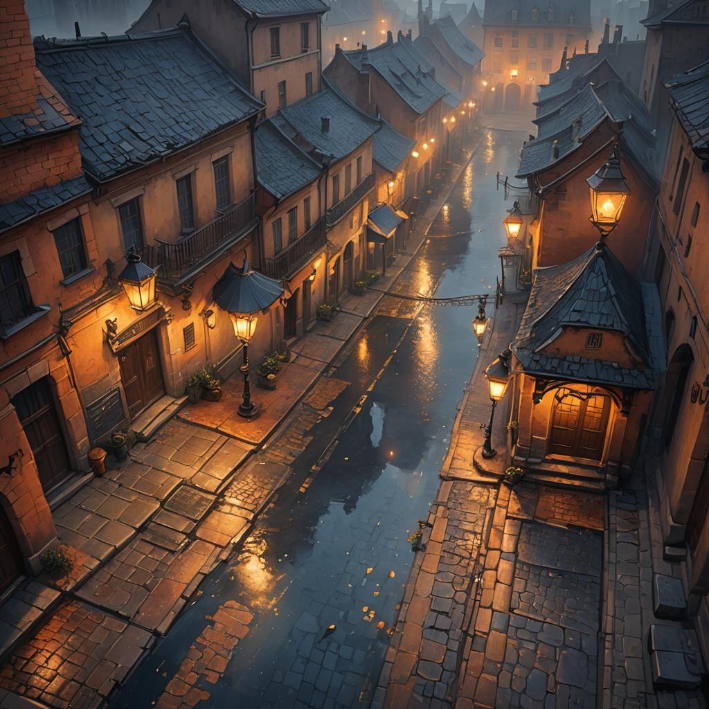 Ancient City Street at Dusk in Impasto Style