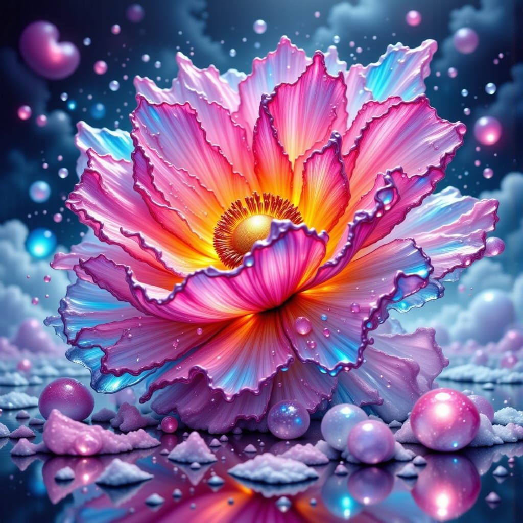 A brightly colored ice/frozen flower made of ice, shiny<lora:CindysAinkflowers:1.0> <lora:Pink imagination flx:1.0>