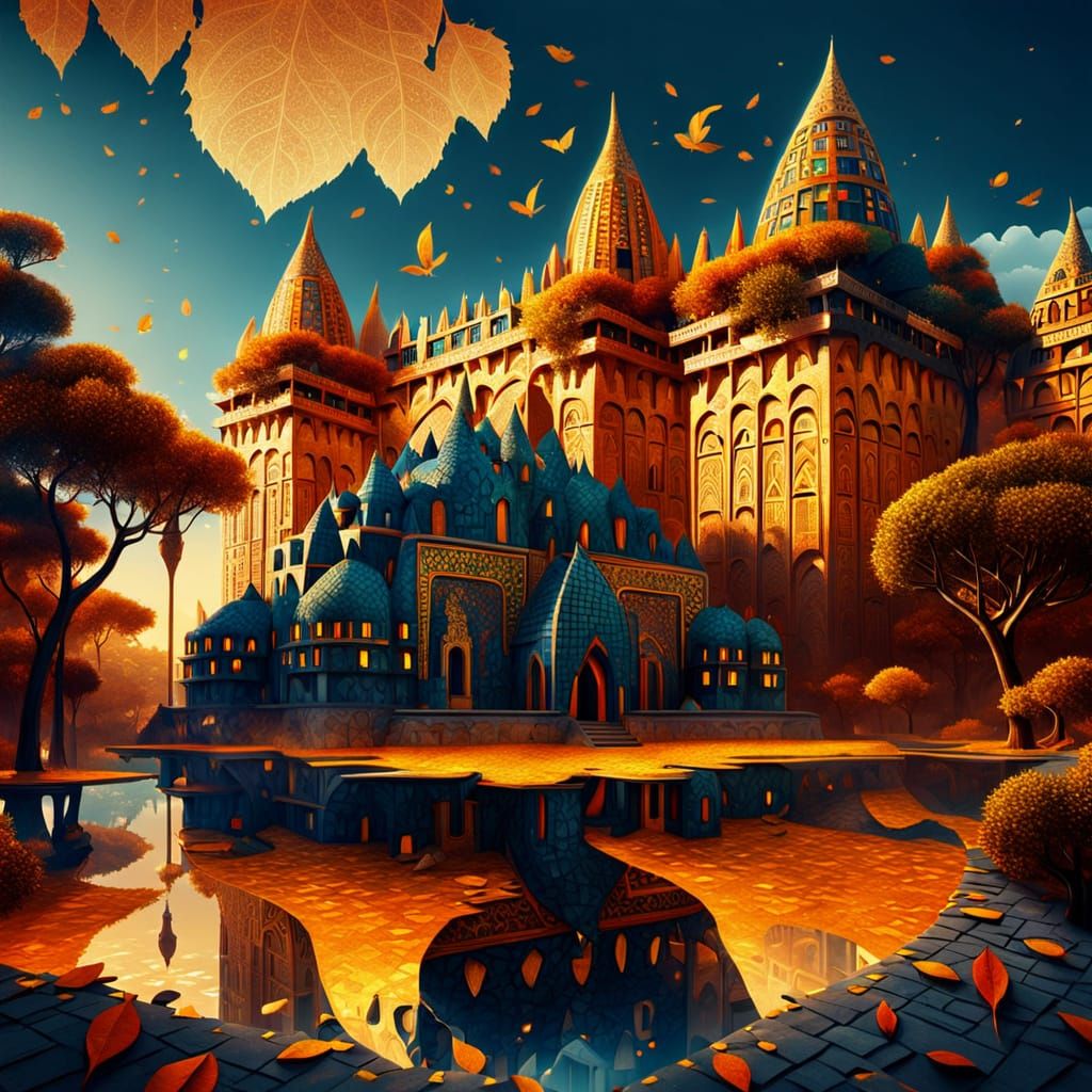 Egyptian-Gaudi Cityscape with Mosaic Details