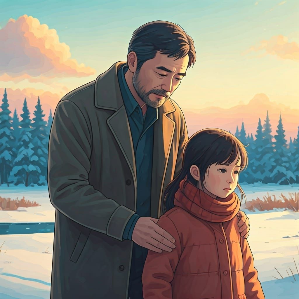 Gentle Father Guides Daughter in Serene Landscape