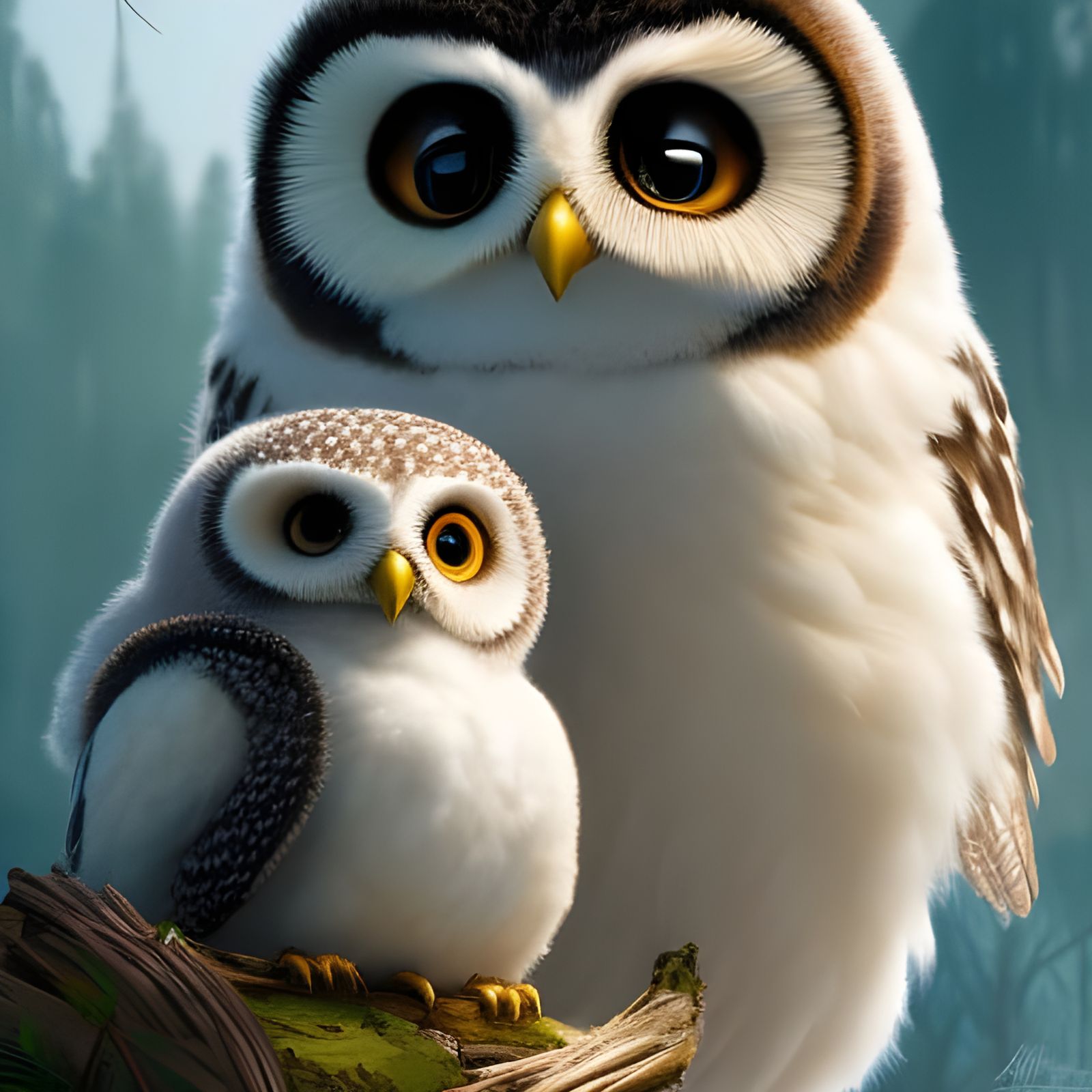 Adorable Fluffy Owls Portrait in Detailed Digital Art