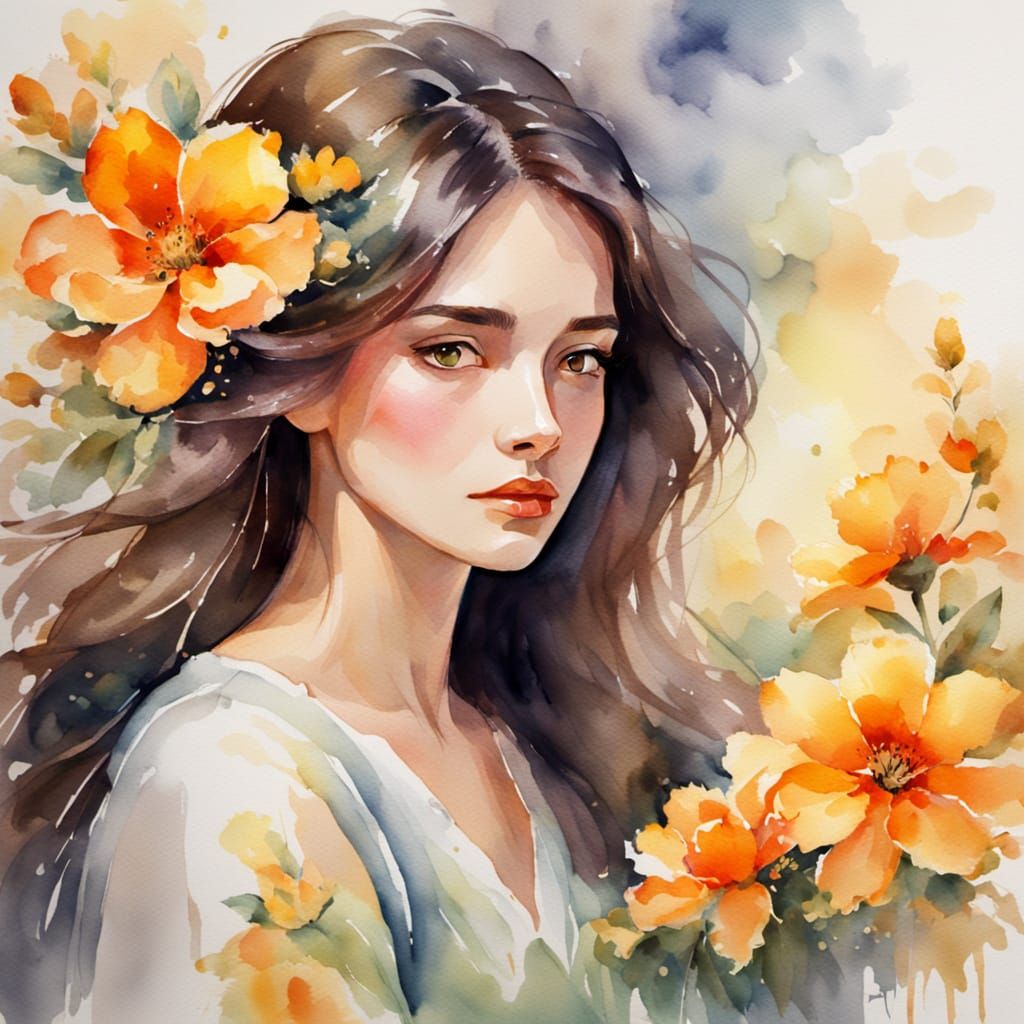 Watercolor Portrait of a Woman with Floral Hair