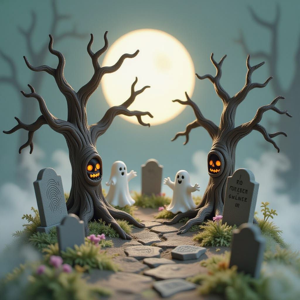 Miniature Haunted Graveyard Sculpted from Clay