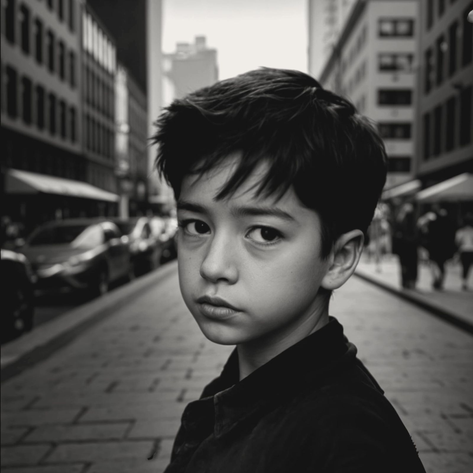 Contemplative Young Boy in Urban Landscape