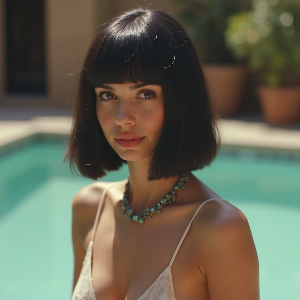 Woman with Bobbed Hair Exiting Pool in Egyptian Style