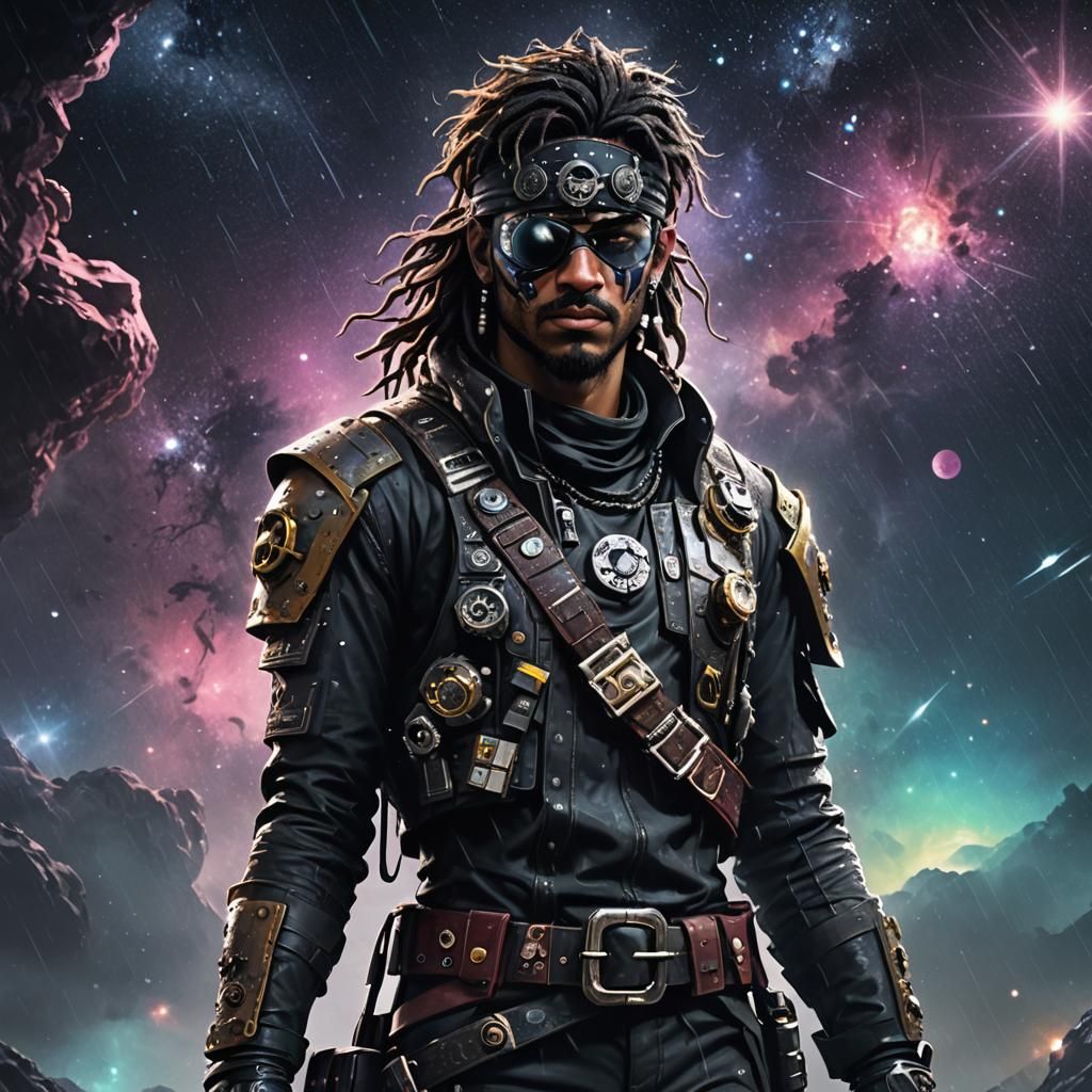 Gritty Sci-Fi Space Pirate in Nebular Starscape