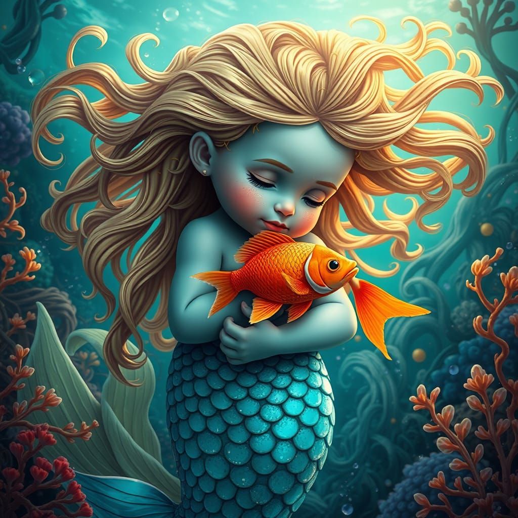 Fantastical Baby Mermaid Holding a Fish in a Dreamlike Ocean...