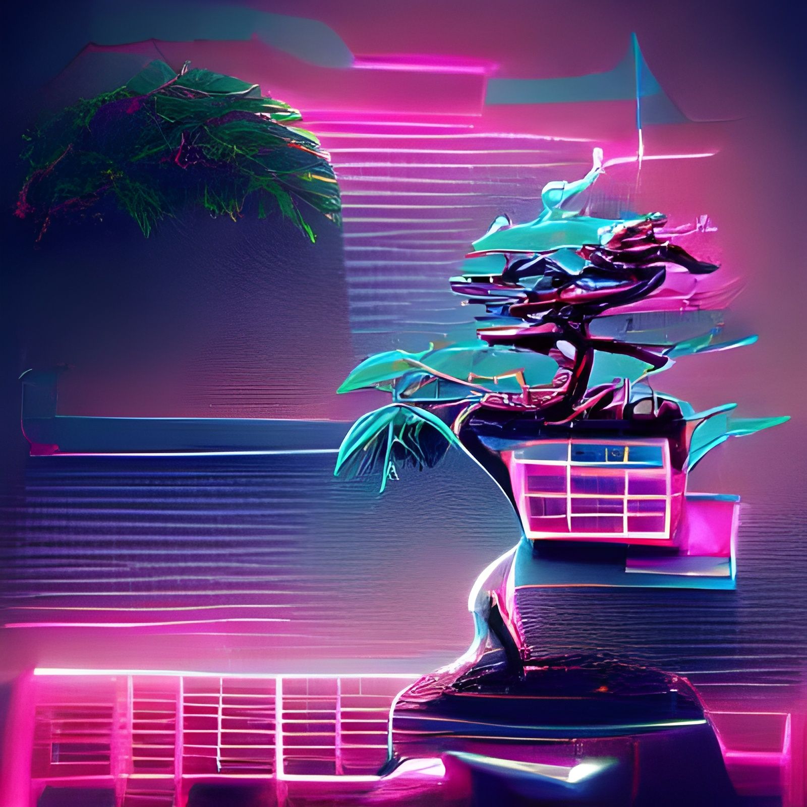 Synthwave Bonsai in Retro Neon Style