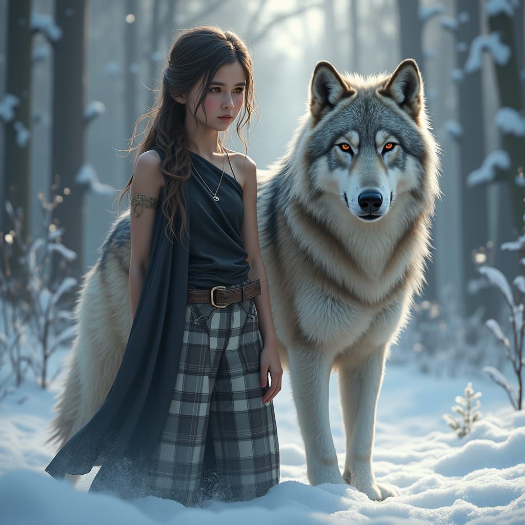 Woman and Wolf in Winter Forest: Matte Painting