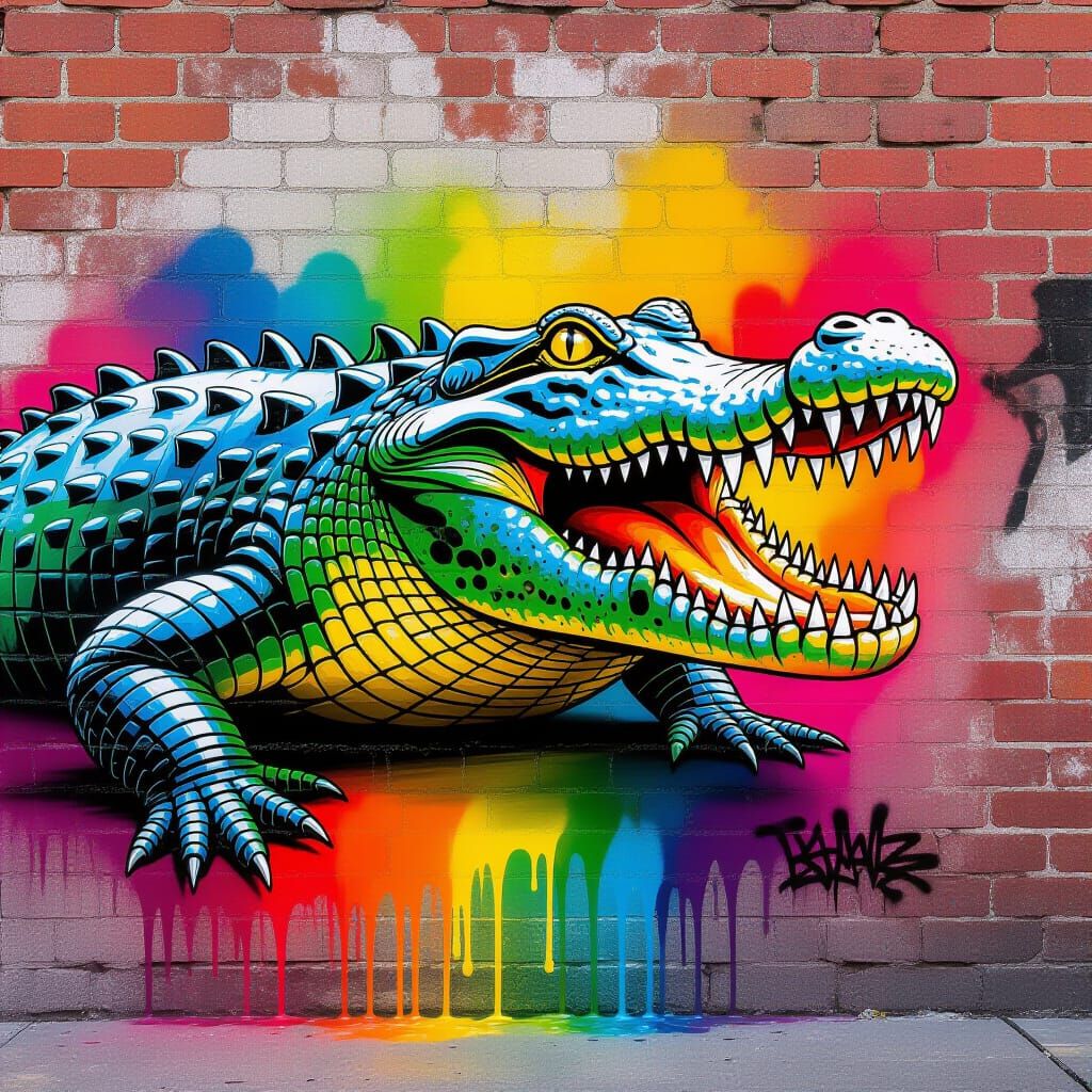 Vivid Graffiti Crocodile Art on Brick Wall