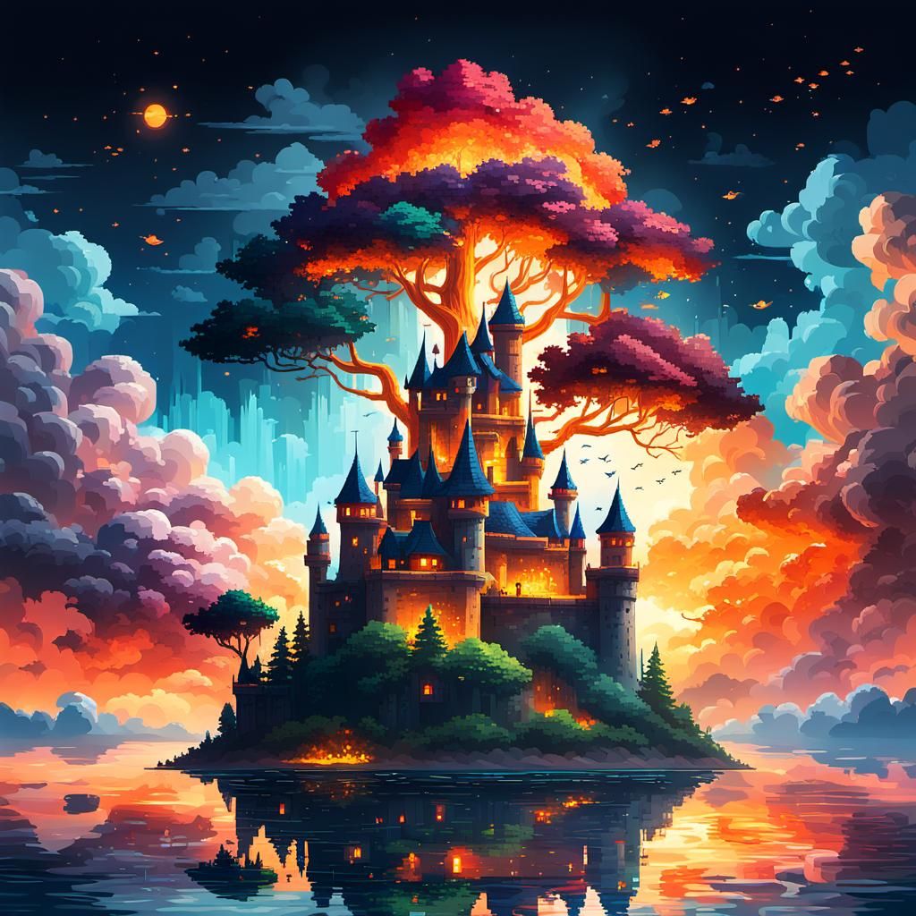 Pixelated Sky Castle in Fantasy Forest at Night