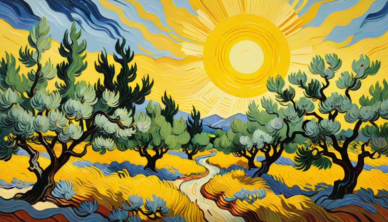 Olive Trees with Yellow Sky in Post-Impressionist Style