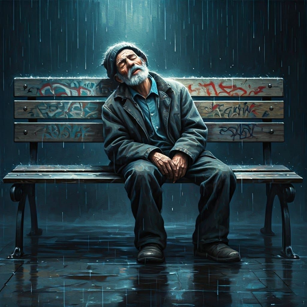 Weathered Homeless Man Sleeping in the Rain as Impasto Paint...