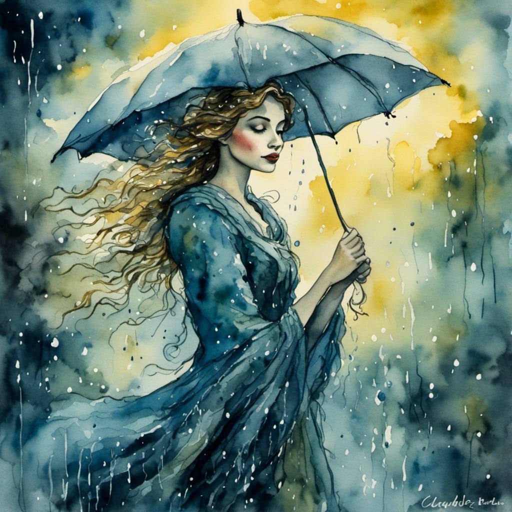 <lora:Watercolor D3:1.0> Dark and Moody Watercolor a beautiful woman crying In the rain splash art wet brush subtractive...