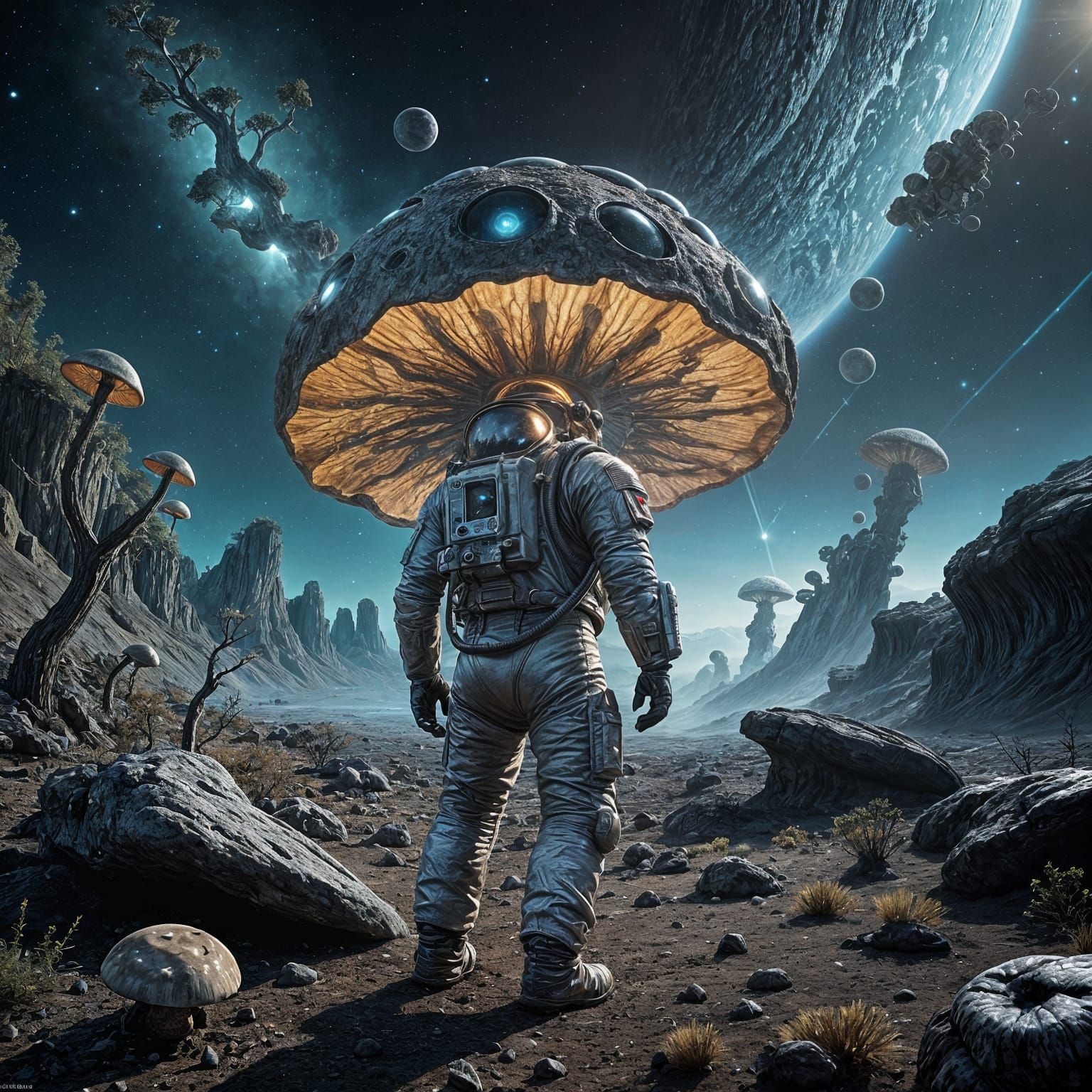 Astronaut Discovers Glowing Alien Mushroom in Barren Cosmos