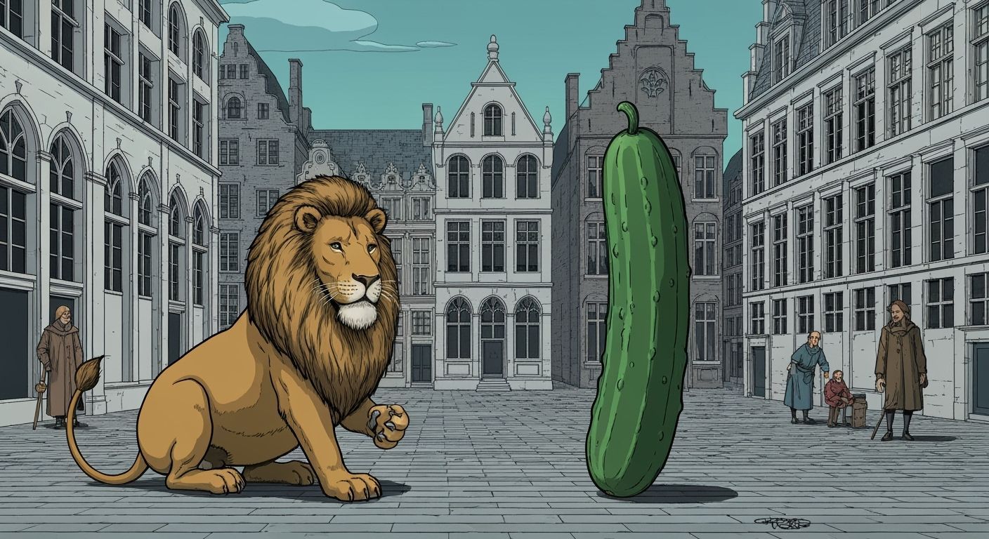 Surreal Lion and Cucumber Debate in Belgian Square
