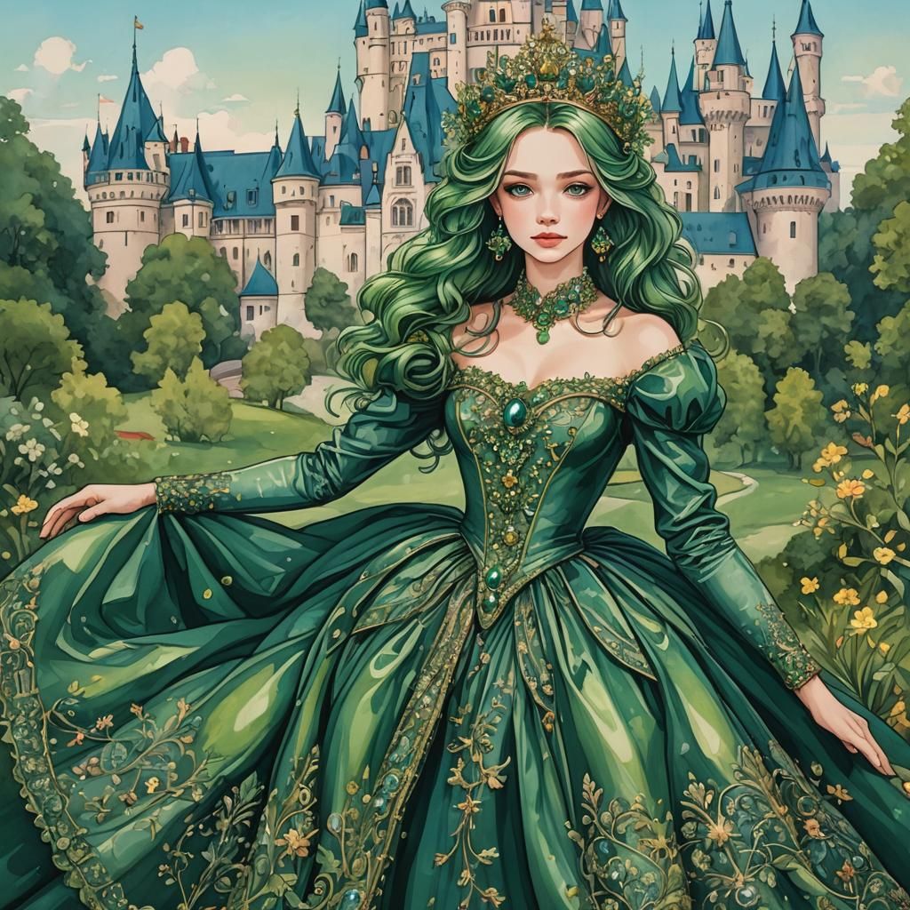 Enchanting Queen with Green Hair at Castle