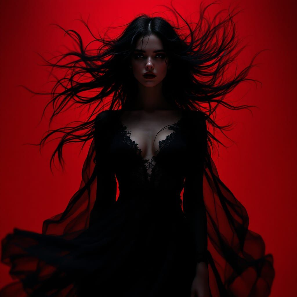 Woman in Red Room with Flowing Dress