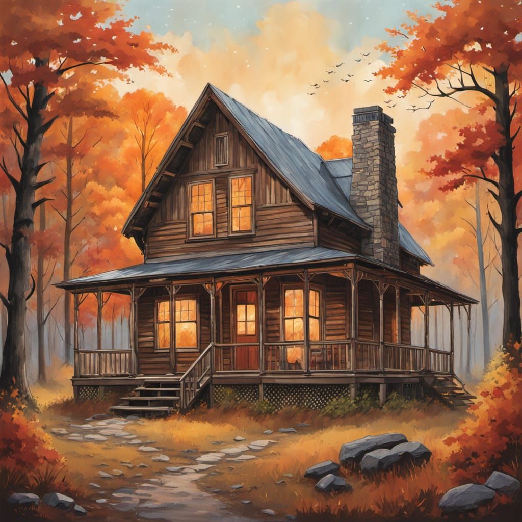 An old-world Victorian cabin nestled in a rustic autumn land...