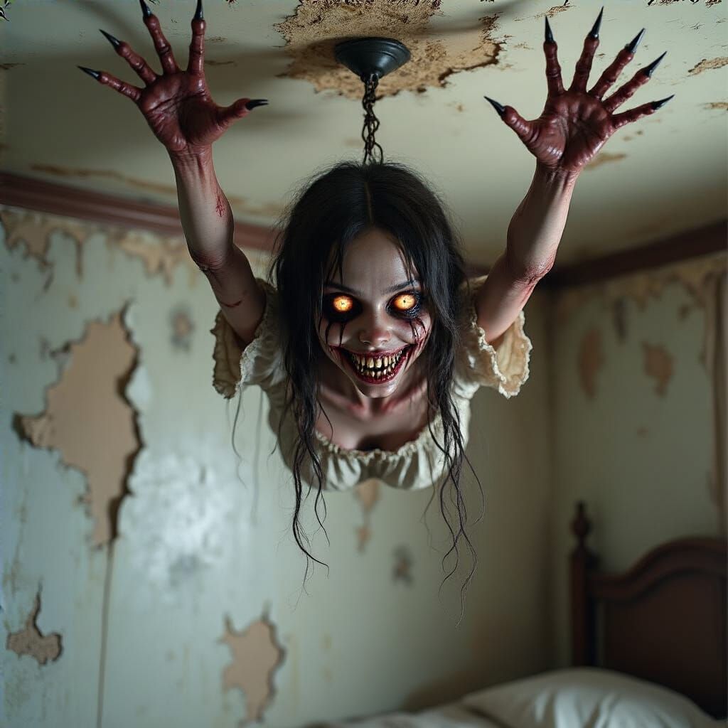 Horrific Girl Clinging to Ceiling in Dark Room
