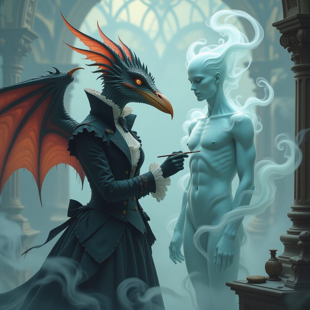 Humanoid Pterodactyl Sculpting Mist Being in Dark Fantasy St...