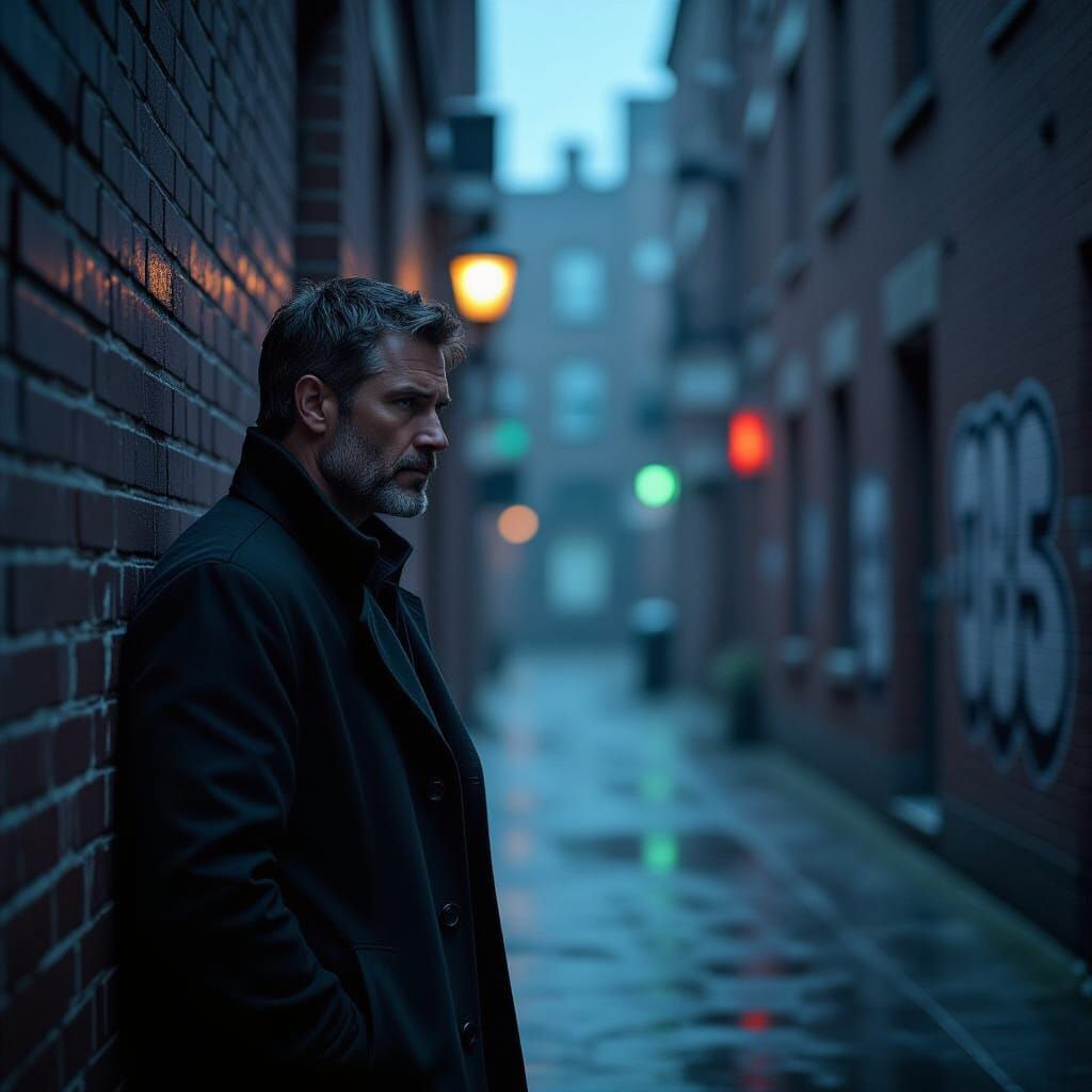 Man Lost in Thought in Dim Urban Alleyway