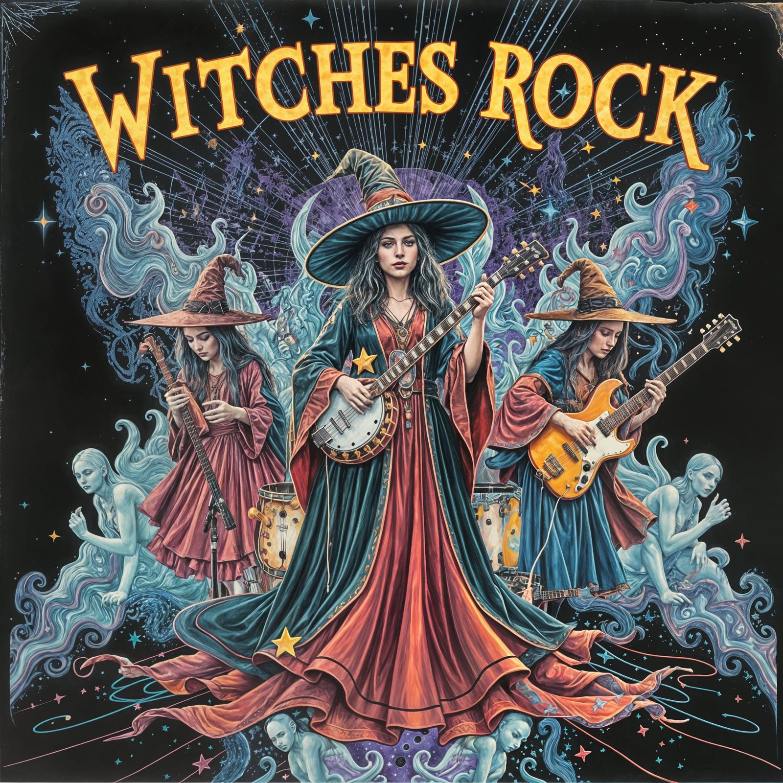 Witches Rock Band Album Cover in Holographic Style
