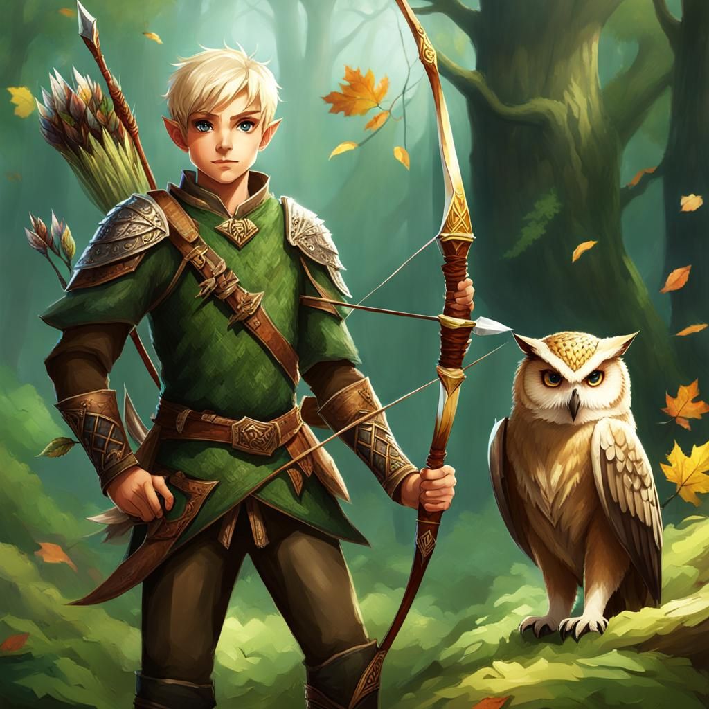 Elf Archer with Owl Companion in Forest Armor