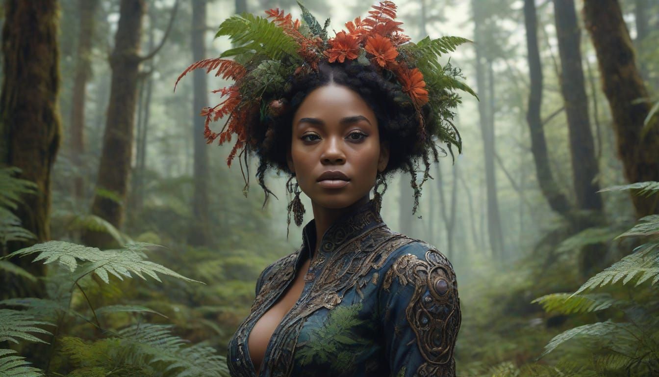 Majestic Black Woman in Whimsical Botanical Attire, Surround...