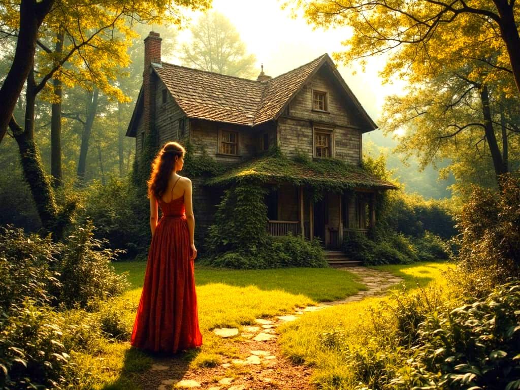 Mysterious Woman at Cottage in Atmospheric Landscape