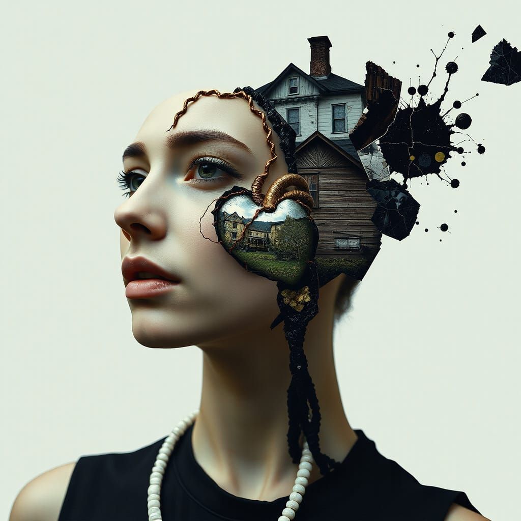 Surreal Fragmented Self-Portrait in Mixed Media Style
