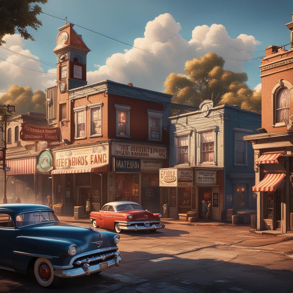 American Small Town in 50s: Detailed Matte Painting