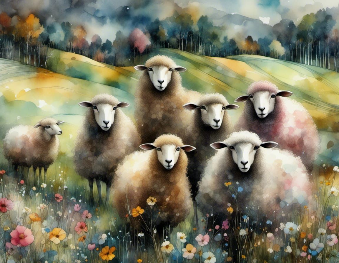 Watercolor Sheep Grazing in Dreamy Landscape