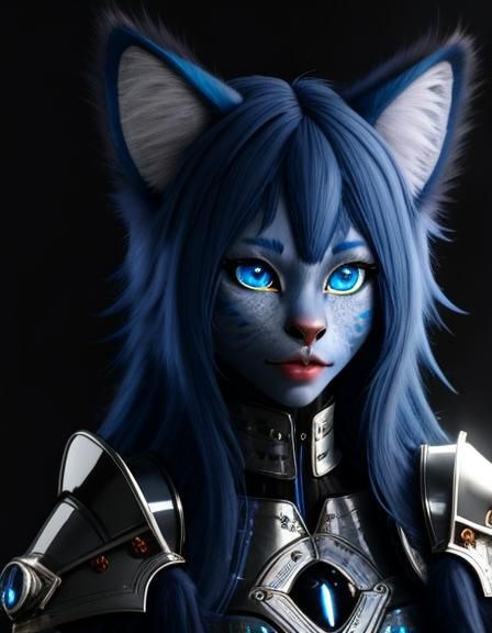 A Teenage Female Nekojin (anthropomorphic female Human/Feline) with (Blue-colored skin & face). Fulll Length view.