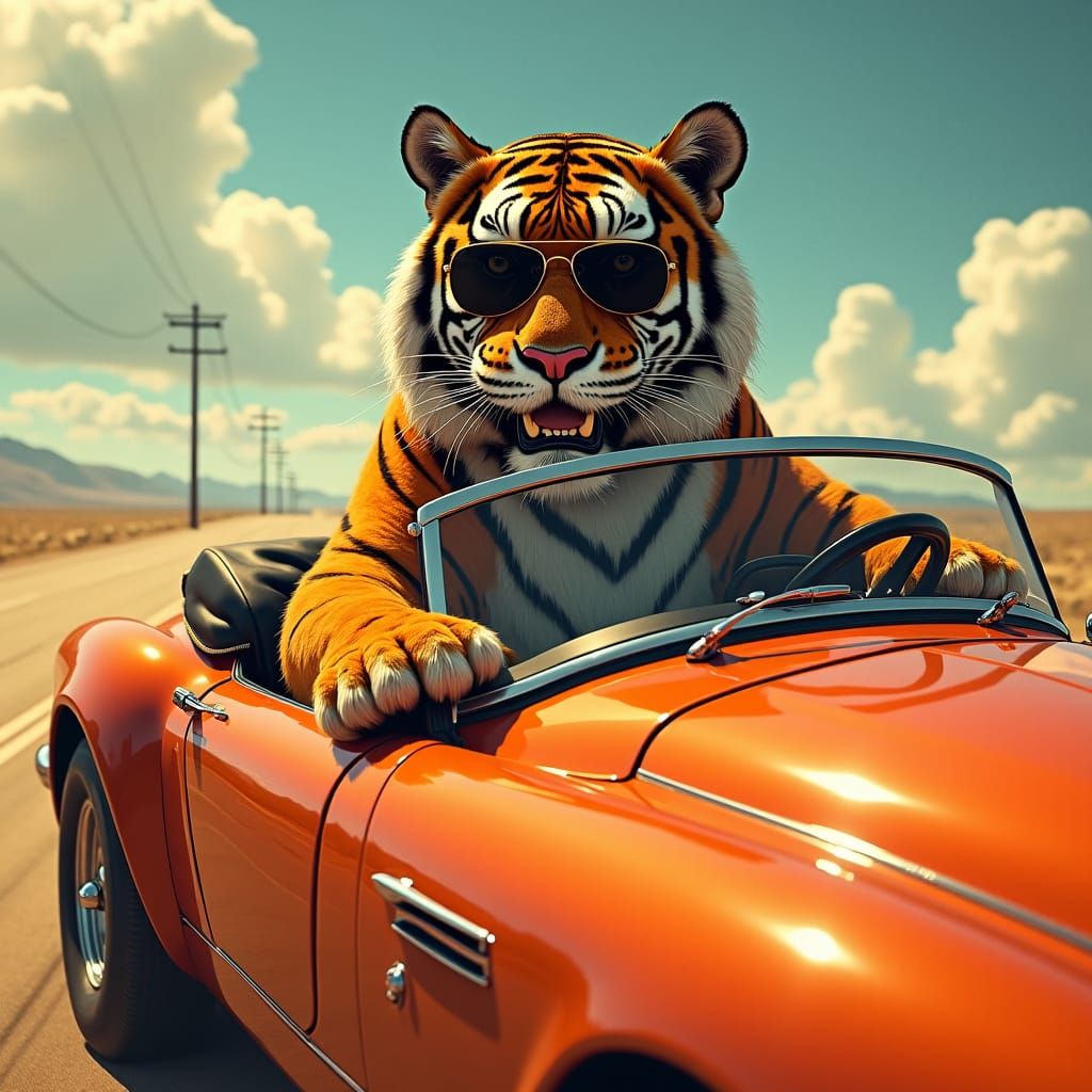 Tiger in Shades Driving a Sports Car