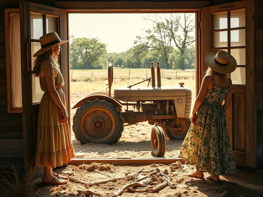Rural Farmgirls Witness Intimate Moment in Sunlit Yard