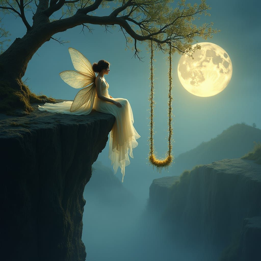 Moonlit Fairy on Cliff Swing, Fantasy Art