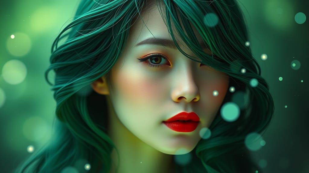 Ethereal Portrait of an Asian Woman in Emerald Hues
