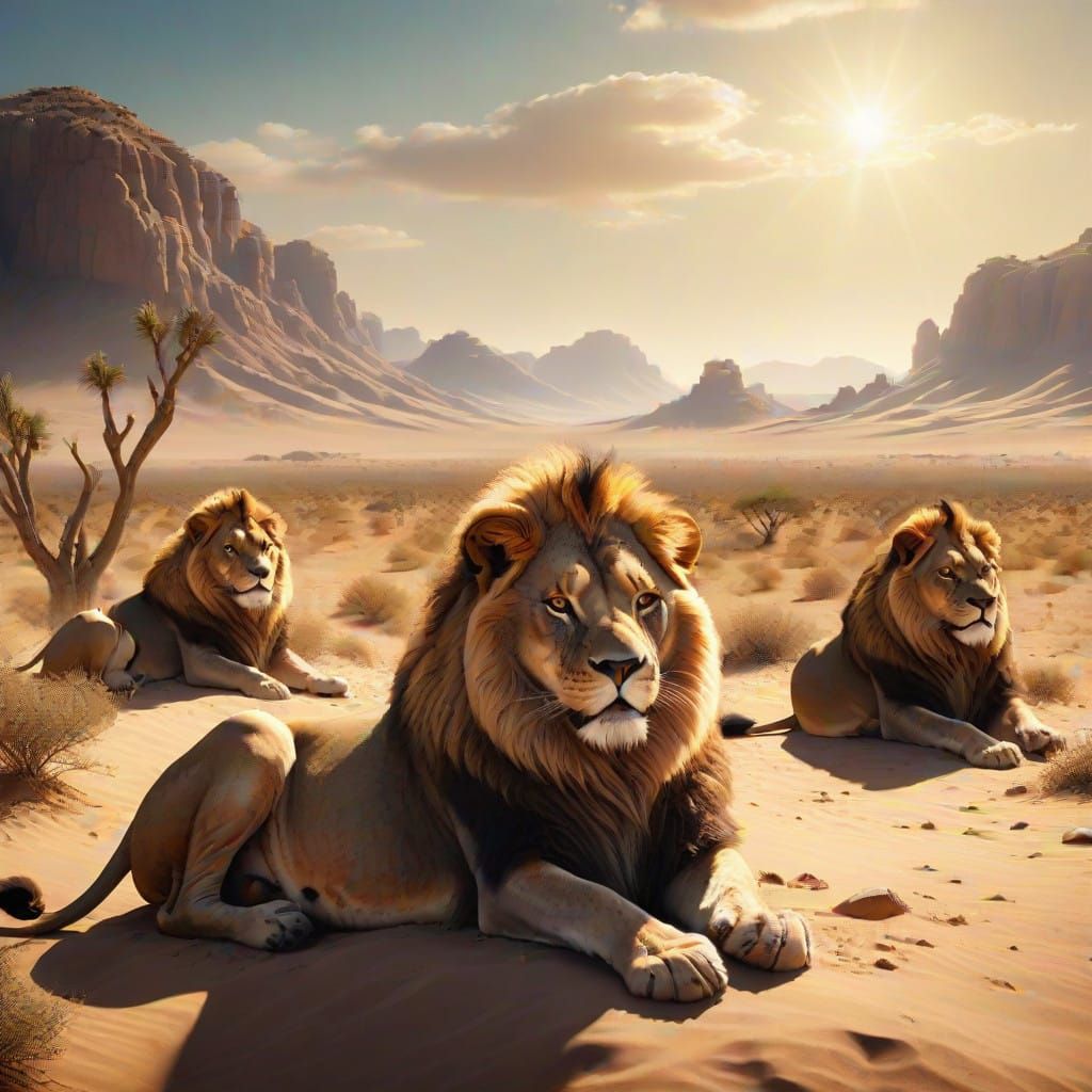 Majestic Lions Bask in Desert Mid-Day Splendor