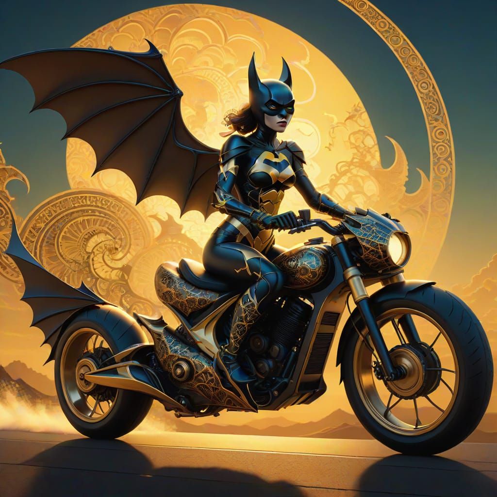 Bat Girl Rides Batcycle in Vibrant Fractal Patterns