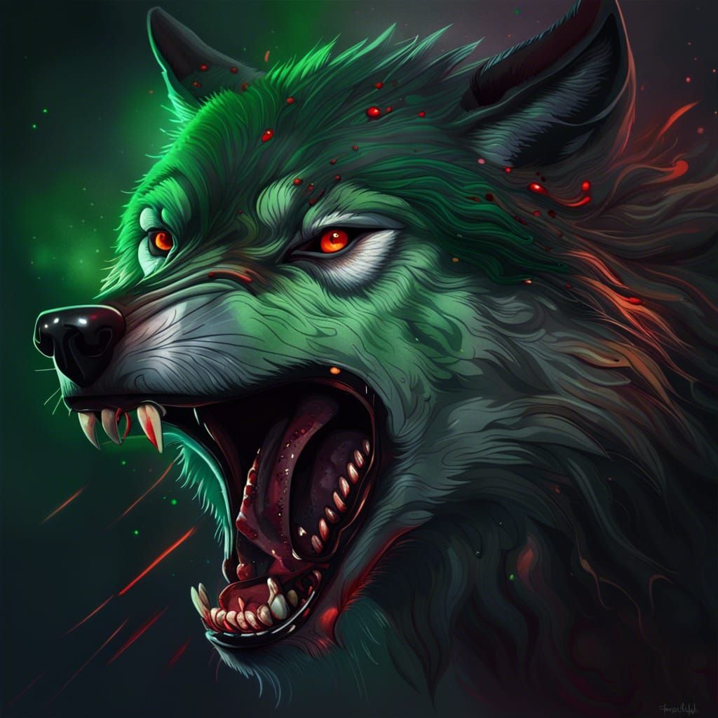 Aggressive Wolf Headshot in Hyperrealistic Splash Art