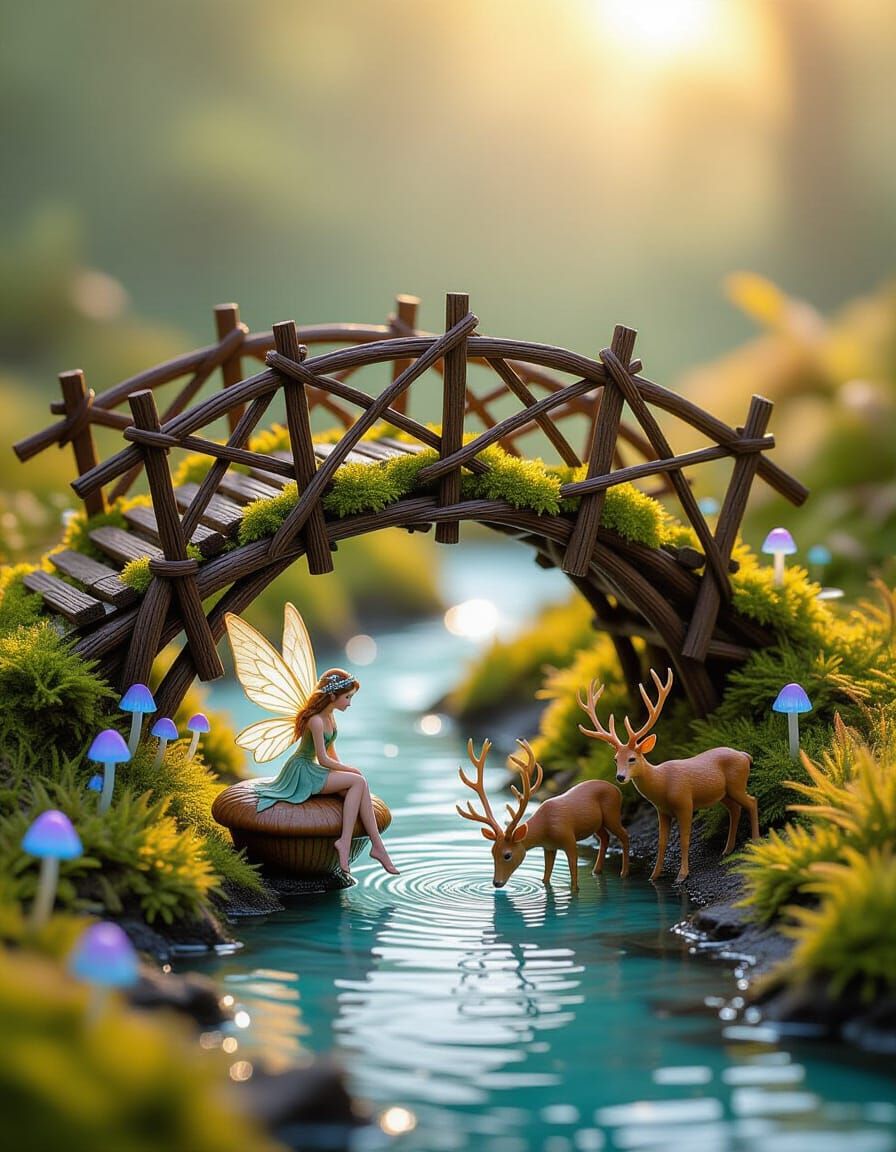 Enchanted Miniature Bridge with Autumn Fairy and Glowing Dee...
