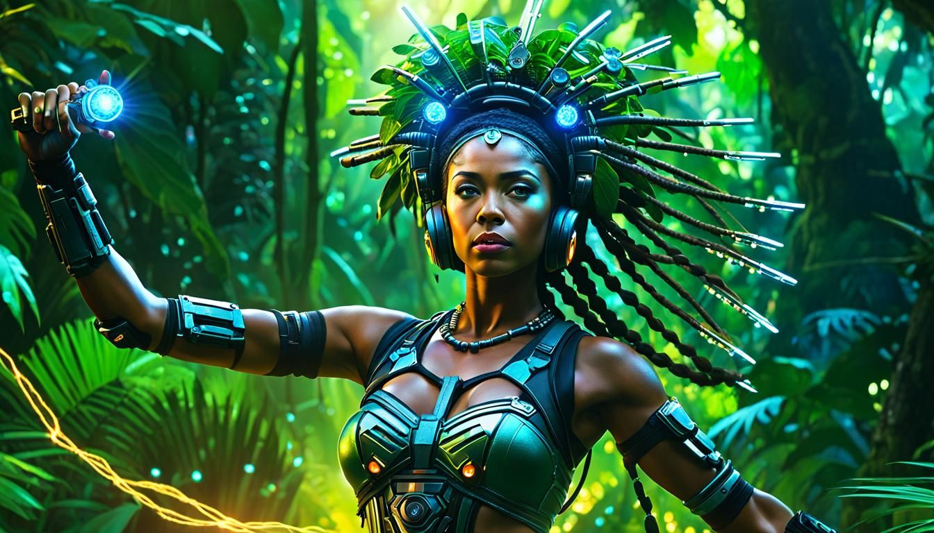 Deep Jungle Woman Energized in Nuclearpunk Concept Art