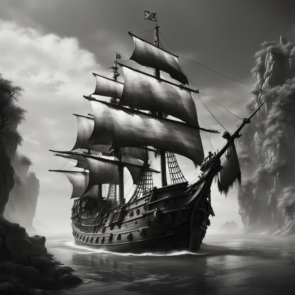 Detailed Pirate Ship Sketch in Black and White
