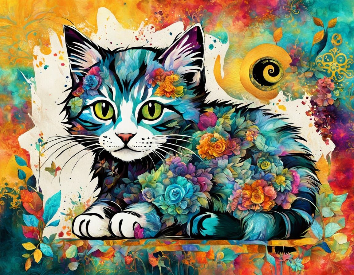 Dynamic Mixed Media Kitten Art Piece