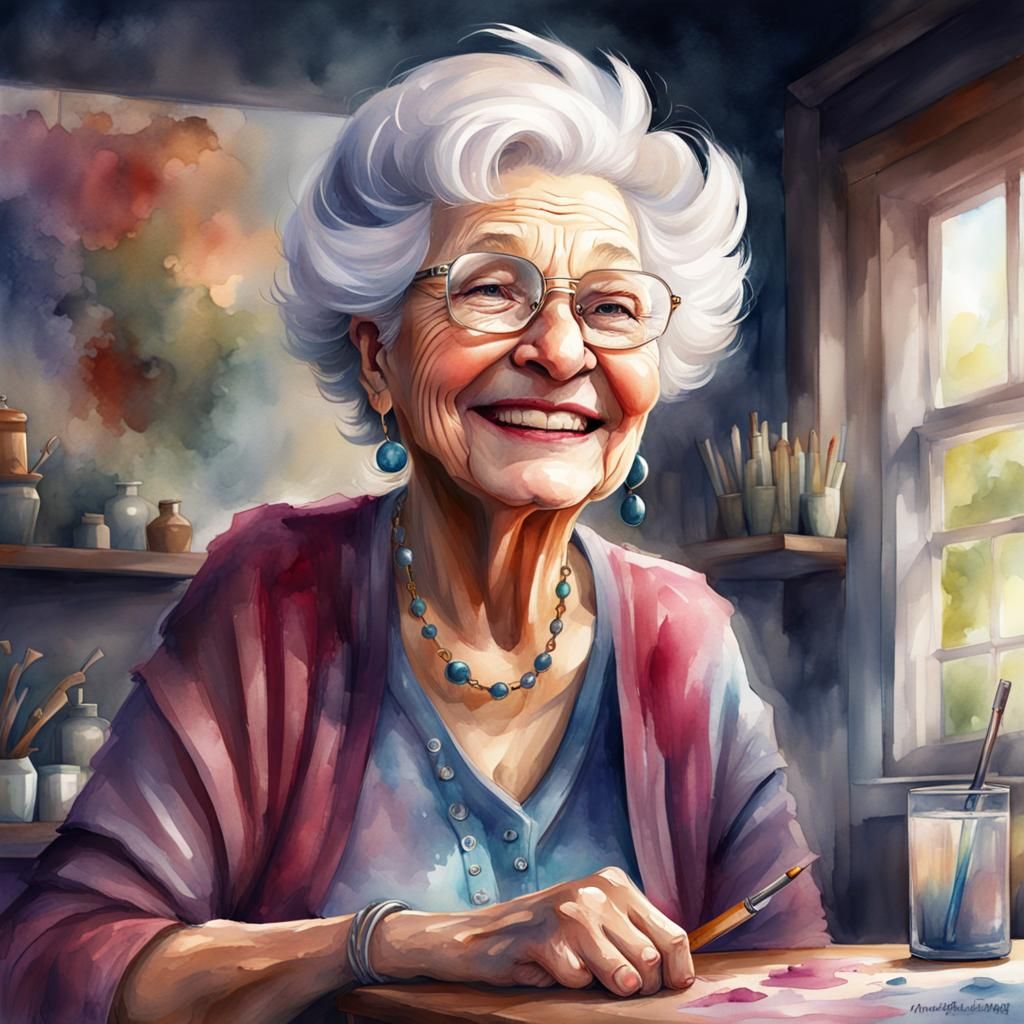 Cool Grandma Watercolor Portrait in Fantasy Art Style
